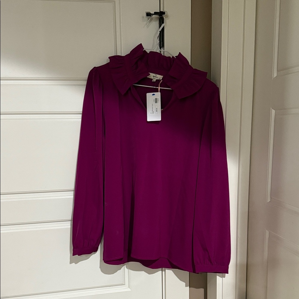 entro Ruffle Collar Long-Sleeve Blouse in Deep Magenta